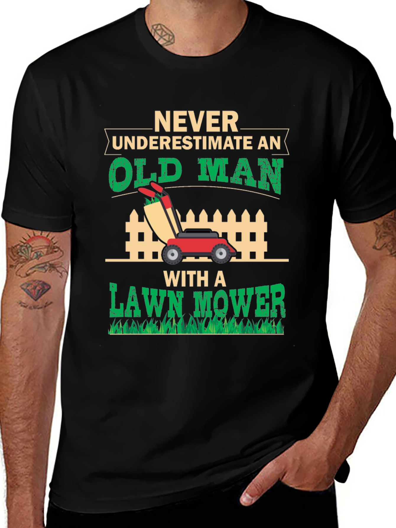 Old Man Lawn Mower Graphic Tee - Black