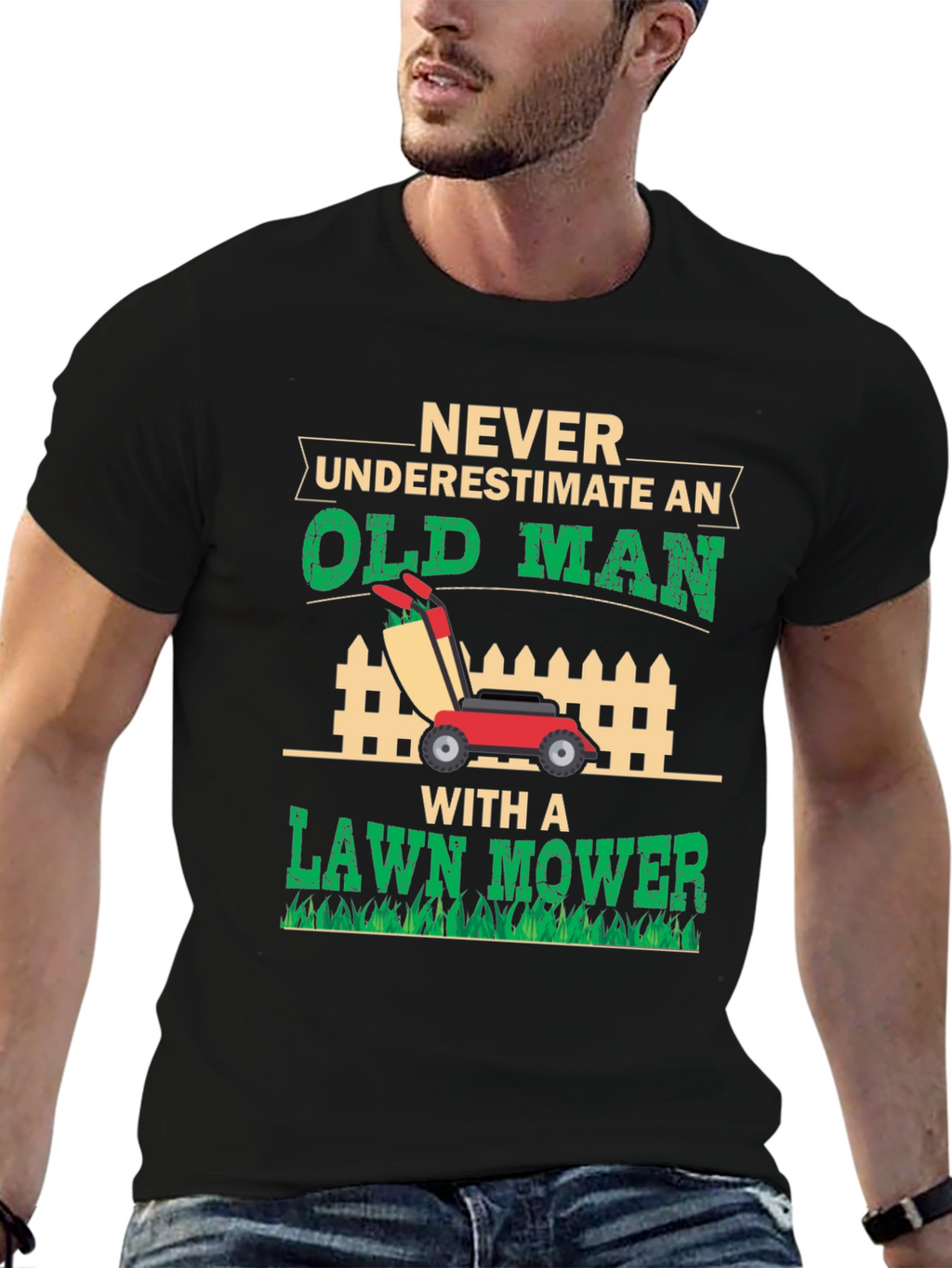 Old Man Lawn Mower Graphic Tee - Black