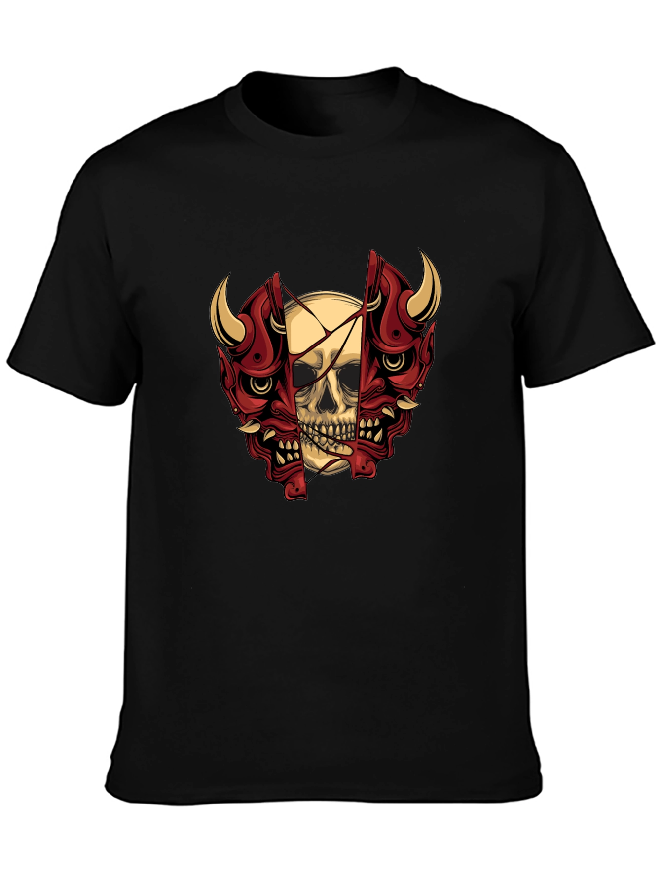Skull and Oni Mask Graphic T-Shirt