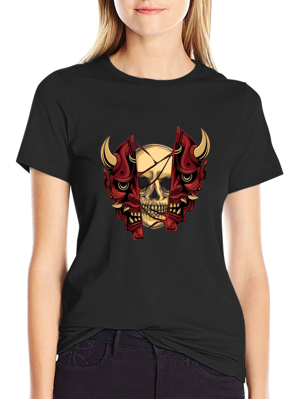 Skull and Oni Mask Graphic T-Shirt