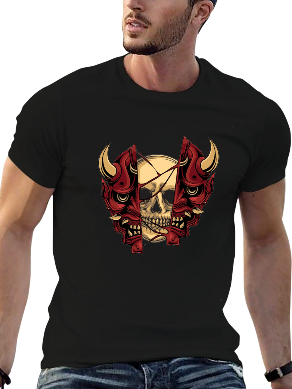 Skull and Oni Mask Graphic T-Shirt