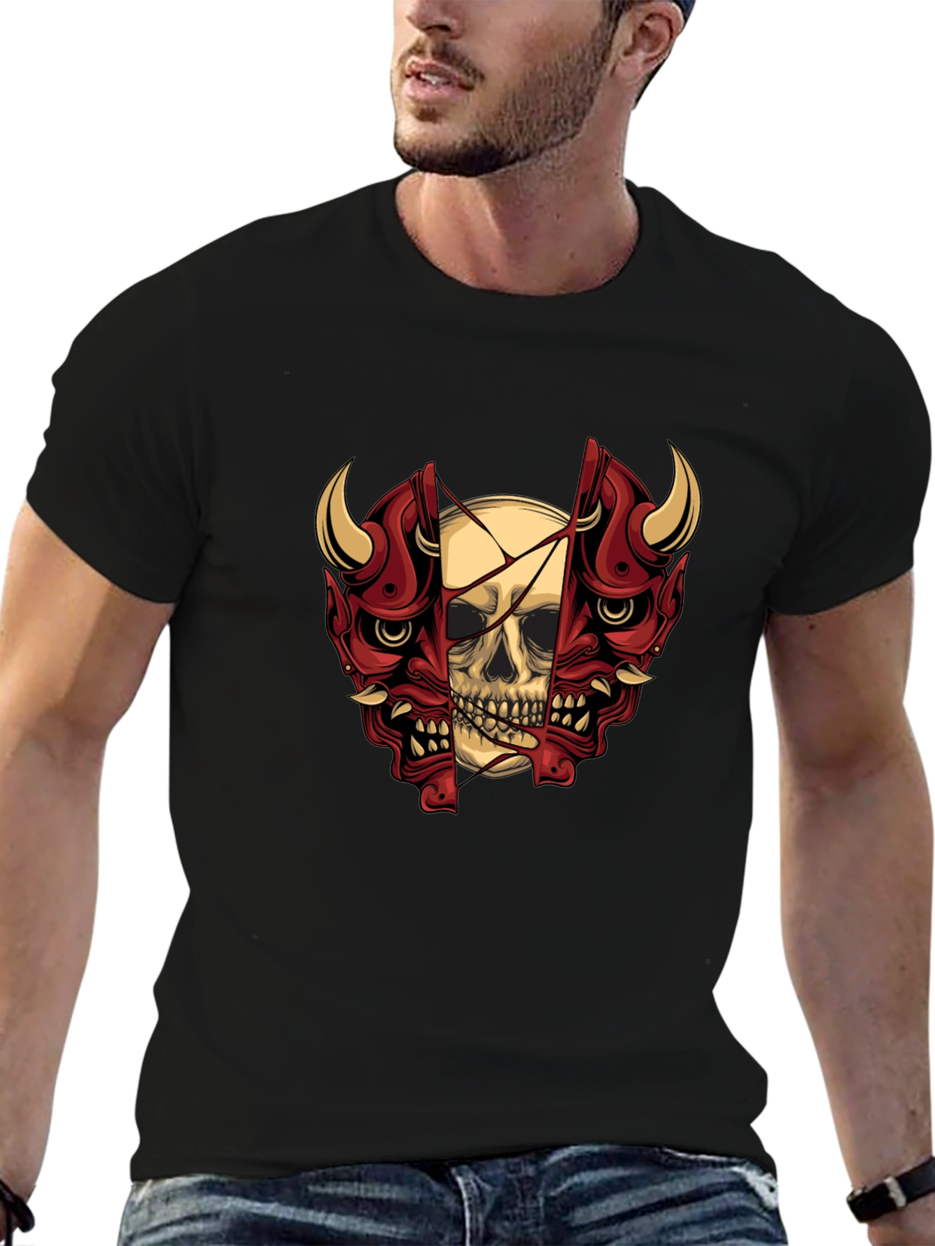 Skull and Oni Mask Graphic T-Shirt