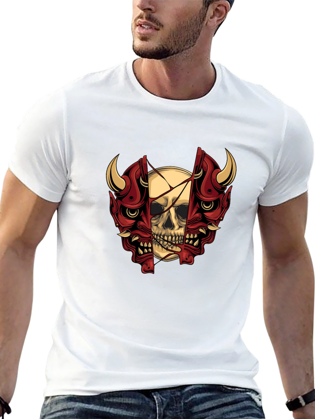 Skull and Oni Mask Graphic T-Shirt