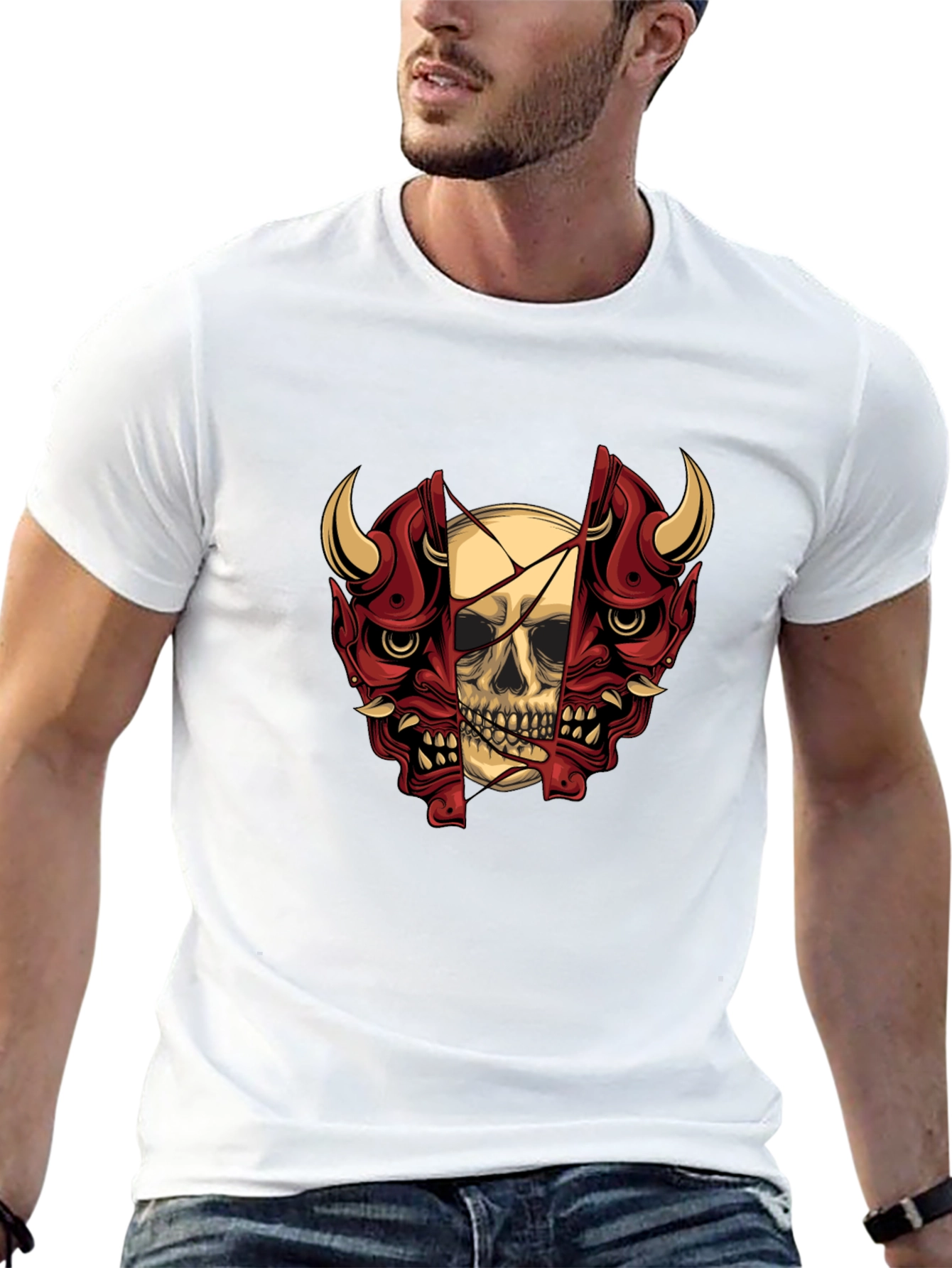 Skull and Oni Mask Graphic T-Shirt