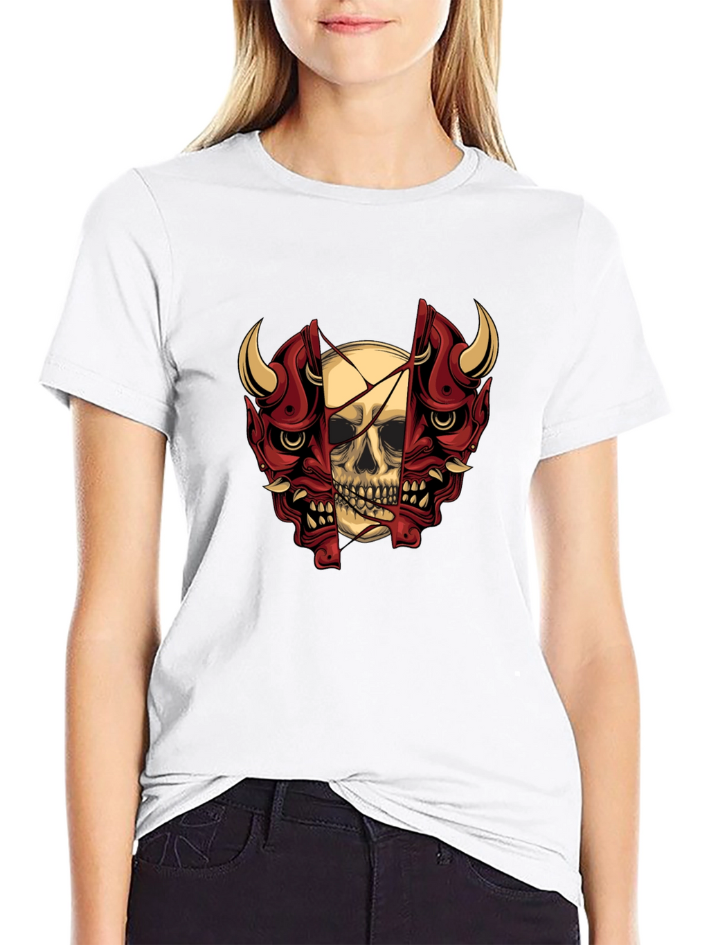 Skull and Oni Mask Graphic T-Shirt