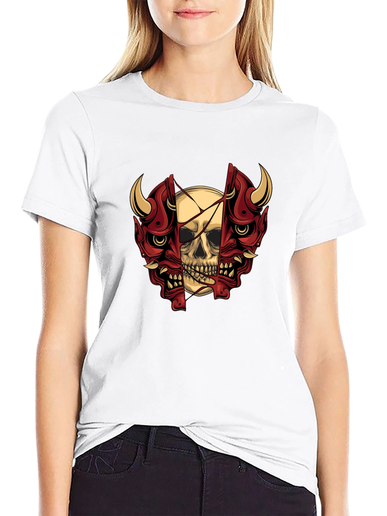 Skull and Oni Mask Graphic T-Shirt