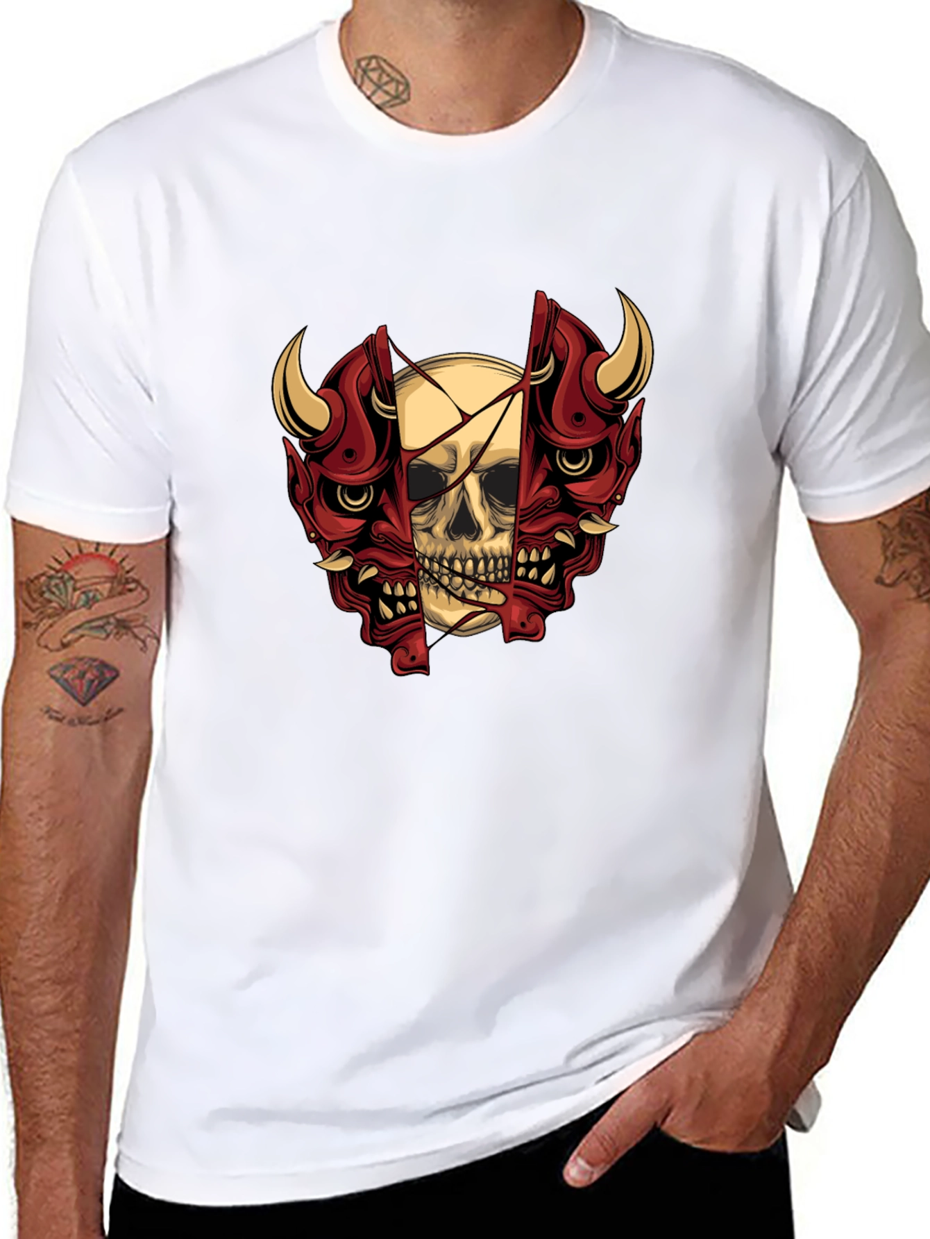 Skull and Oni Mask Graphic T-Shirt