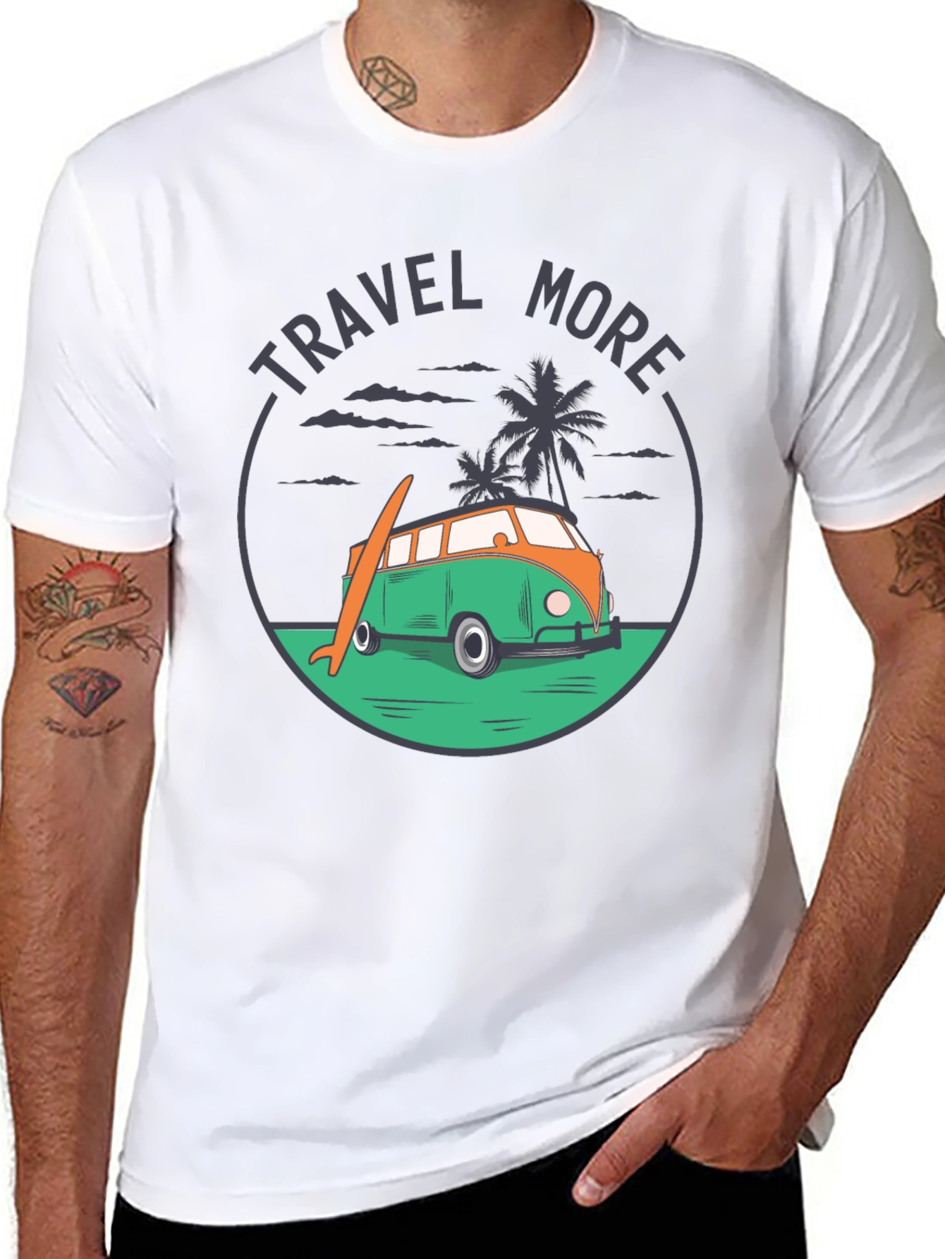 Travel More Graphic Tee - Beach Van Surfboard Design