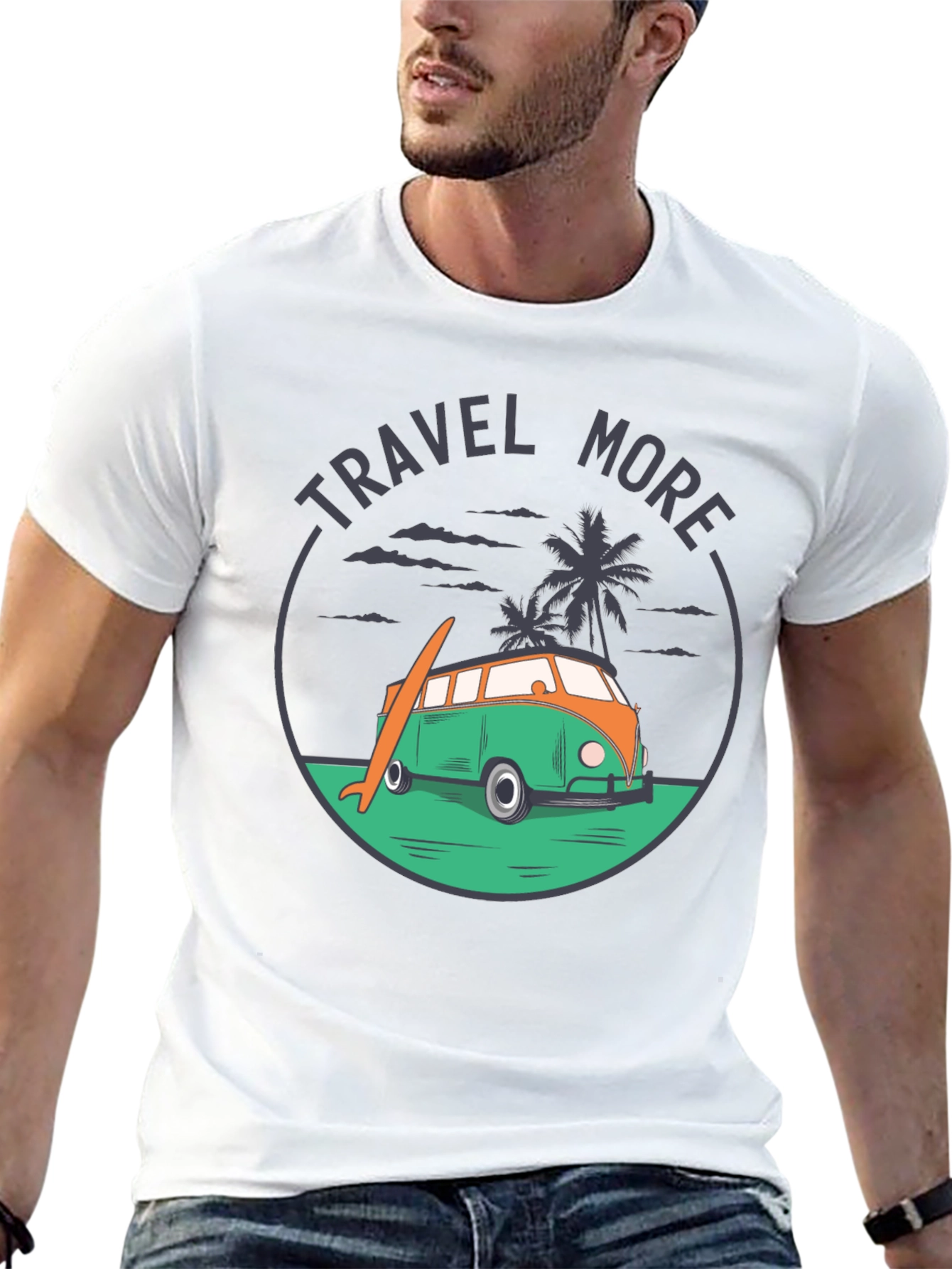 Travel More Graphic Tee - Beach Van Surfboard Design