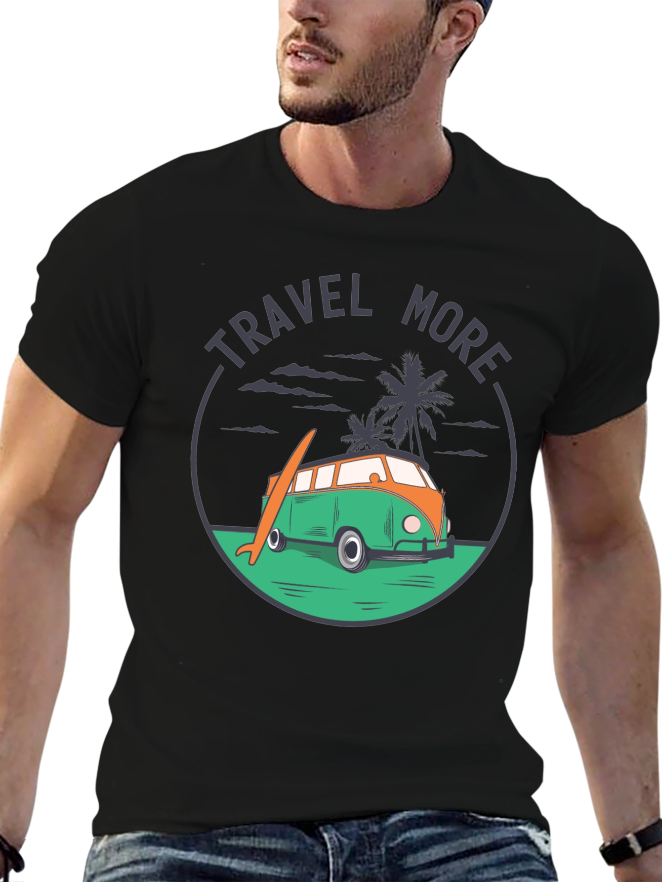Travel More Graphic Tee - Beach Van Surfboard Design