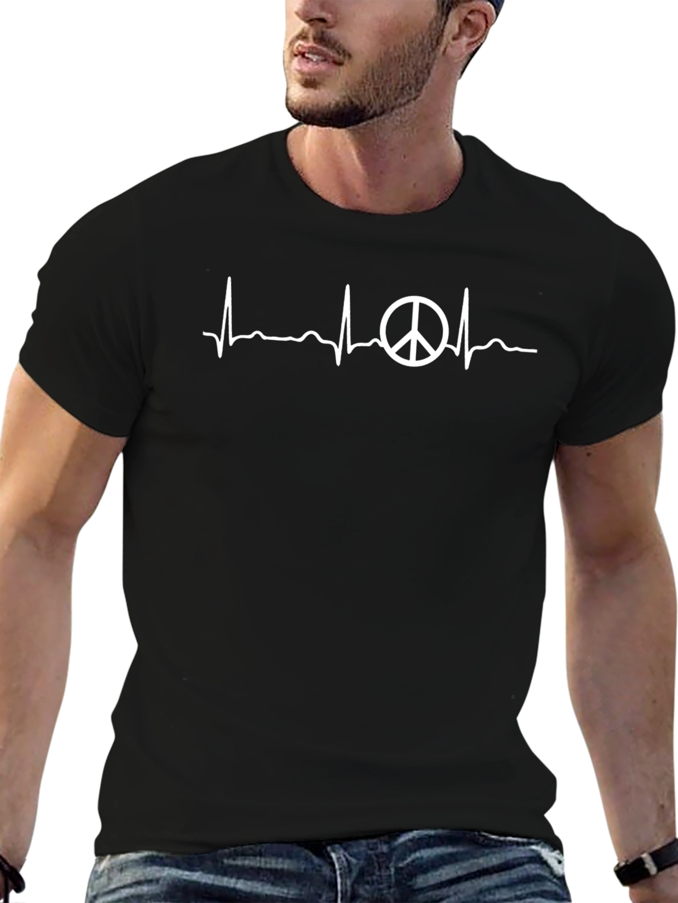Peace Sign Heartbeat T-Shirt - Mens Black Crew Neck Tee