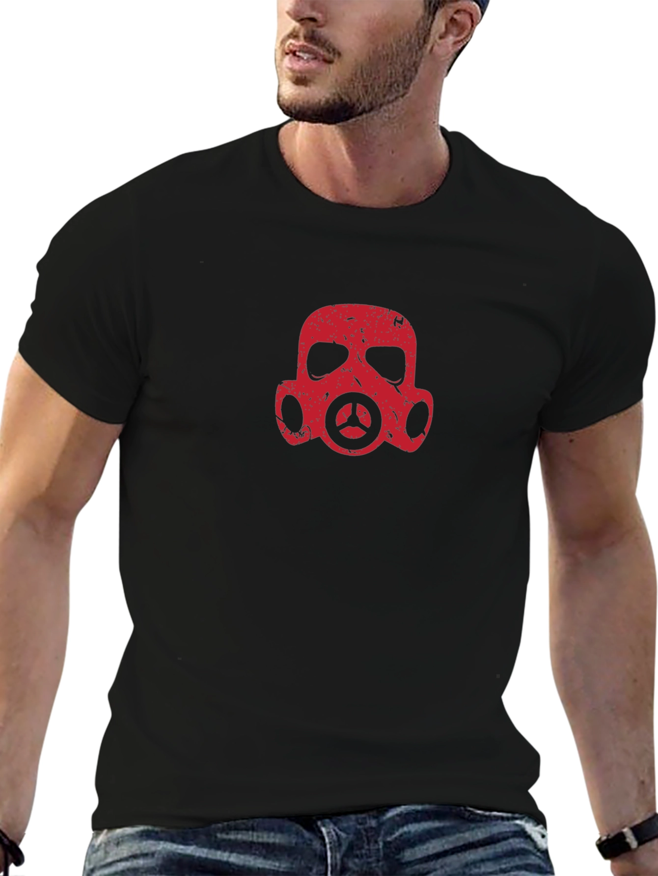 Distressed Gas Mask Graphic T-Shirt - Black