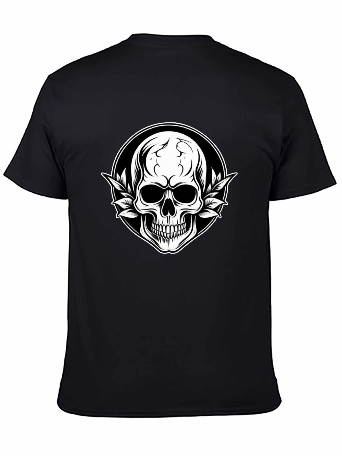 Skull & Leaf Graphic Tee - Black Cotton T-Shirt