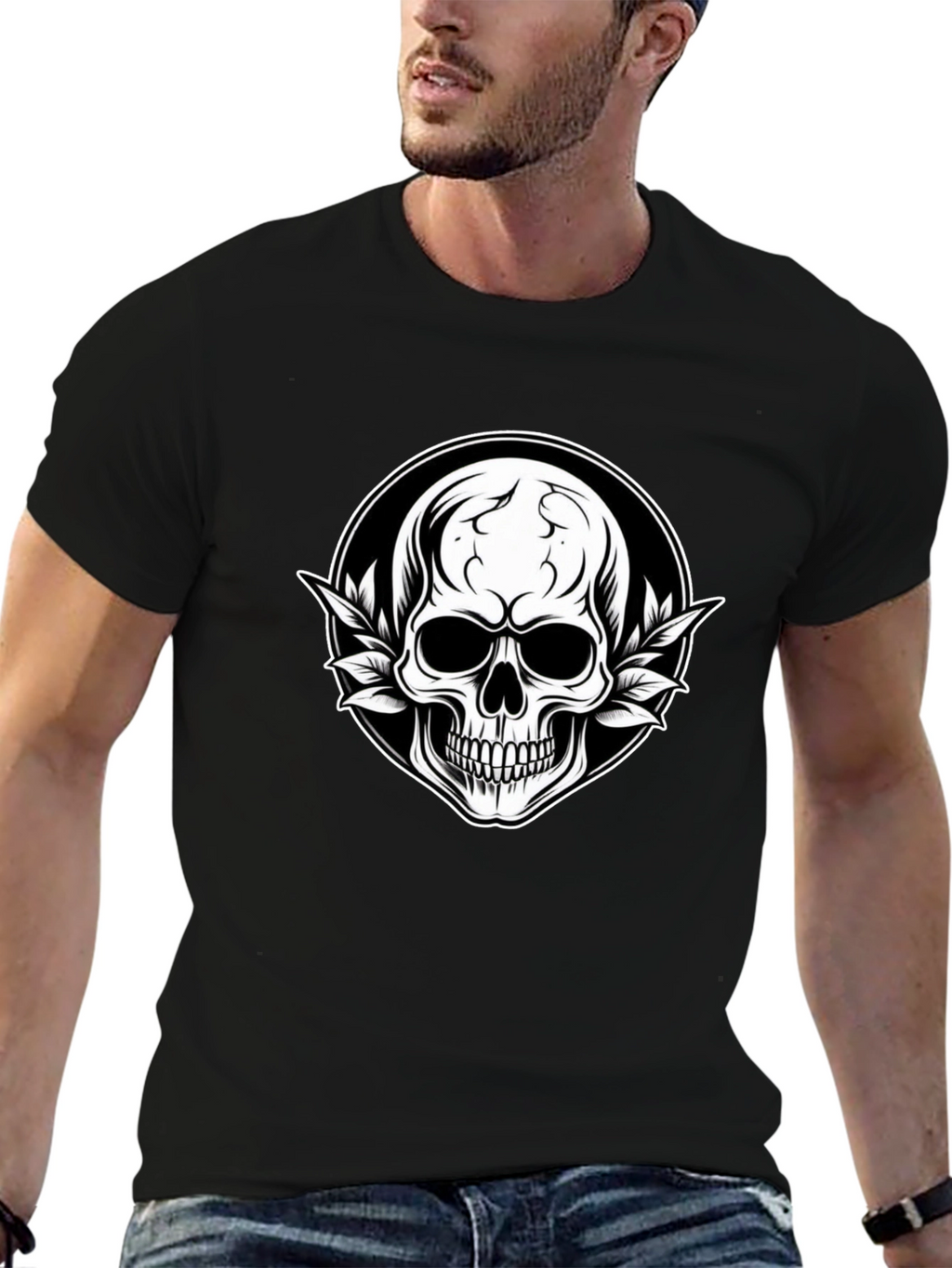 Skull & Leaf Graphic Tee - Black Cotton T-Shirt