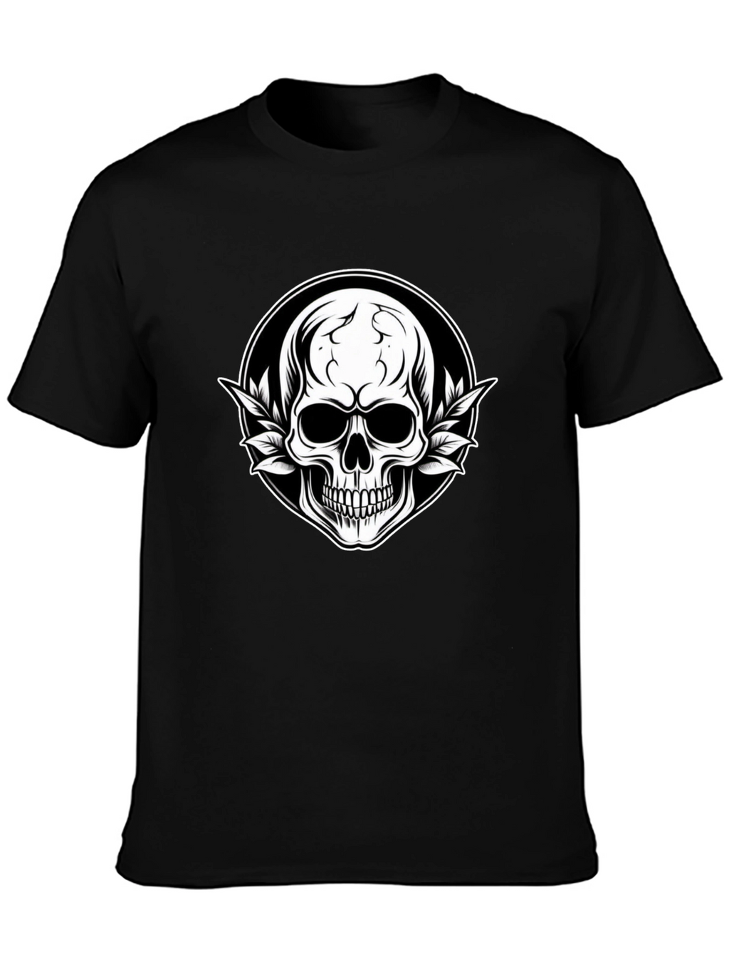 Skull & Leaf Graphic Tee - Black Cotton T-Shirt