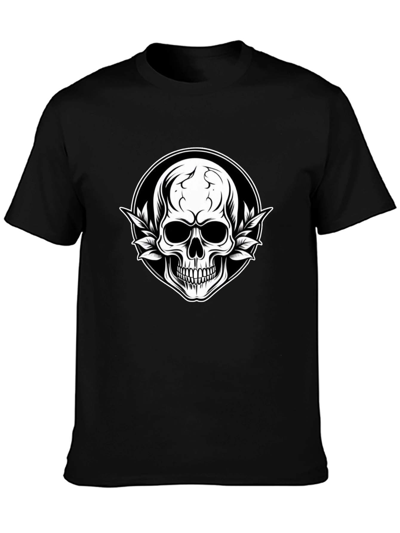 Skull & Leaf Graphic Tee - Black Cotton T-Shirt