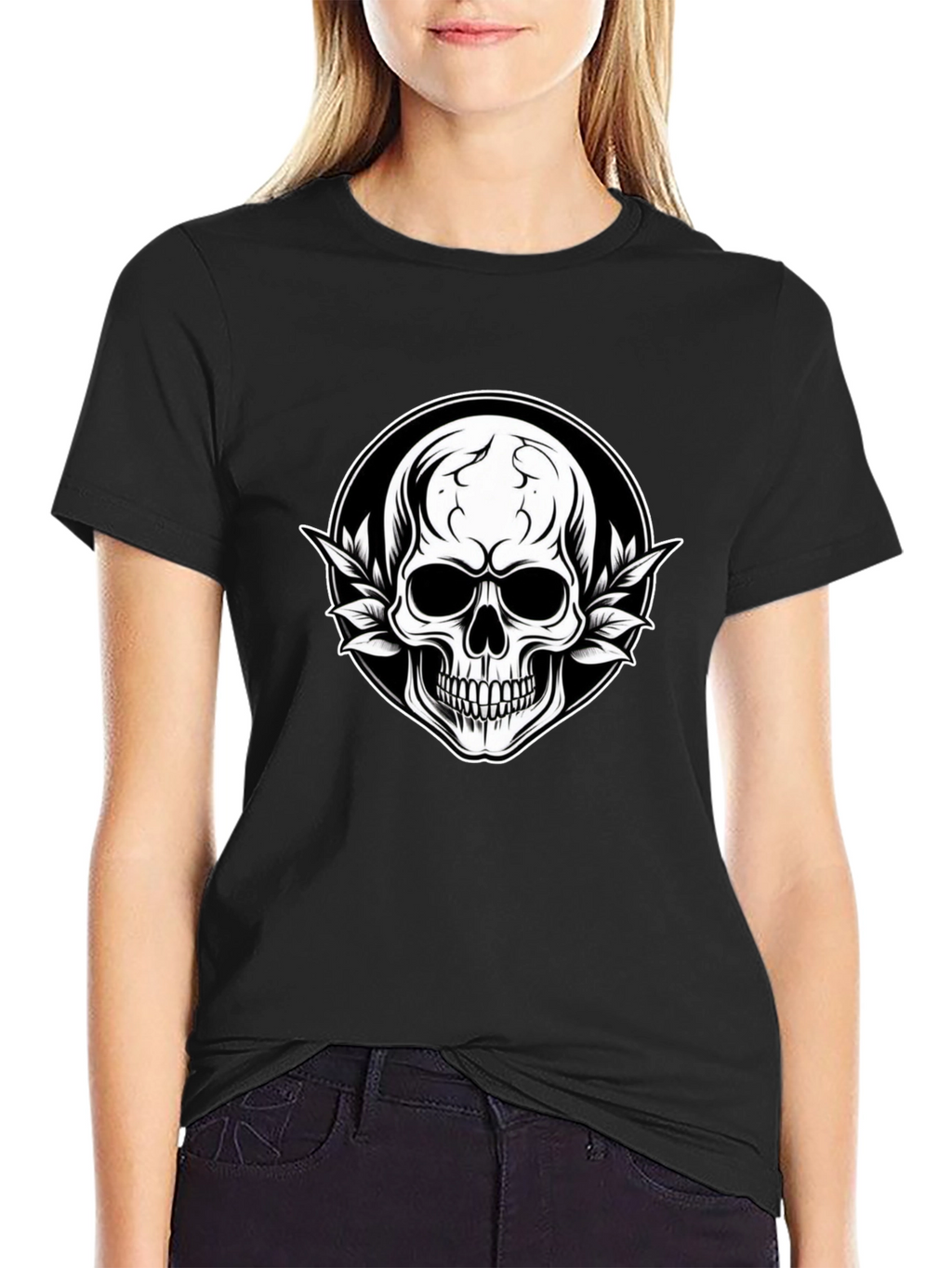 Skull & Leaf Graphic Tee - Black Cotton T-Shirt