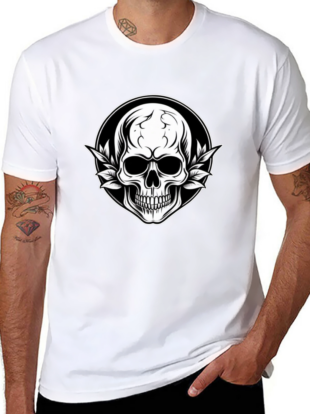Skull & Leaf Graphic Tee - Black Cotton T-Shirt