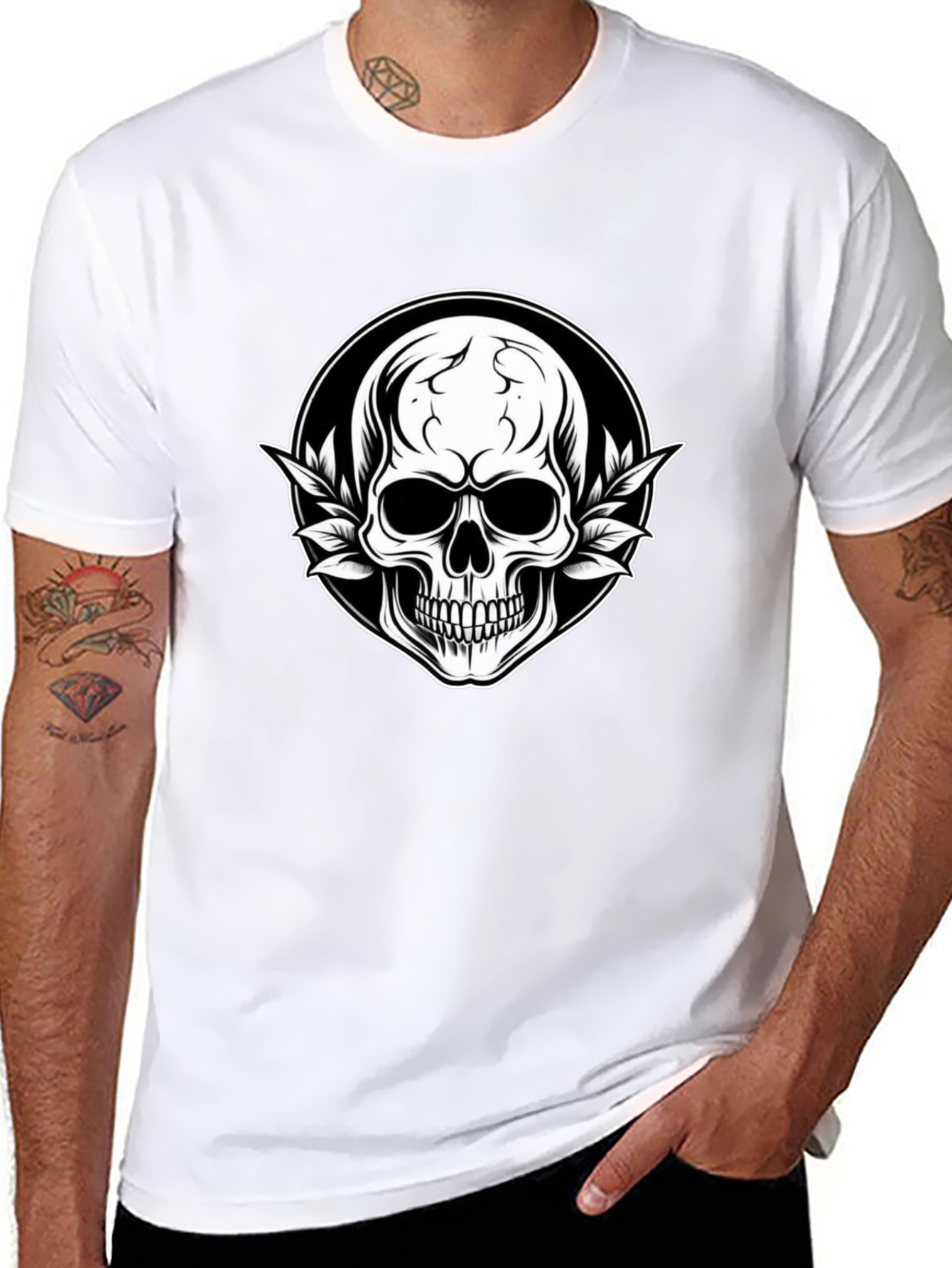 Skull & Leaf Graphic Tee - Black Cotton T-Shirt