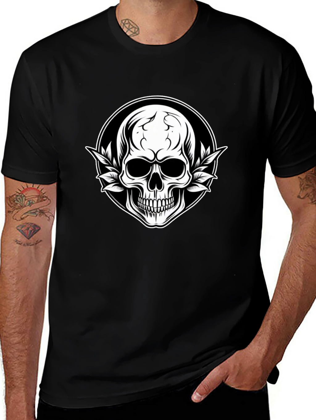 Skull & Leaf Graphic Tee - Black Cotton T-Shirt