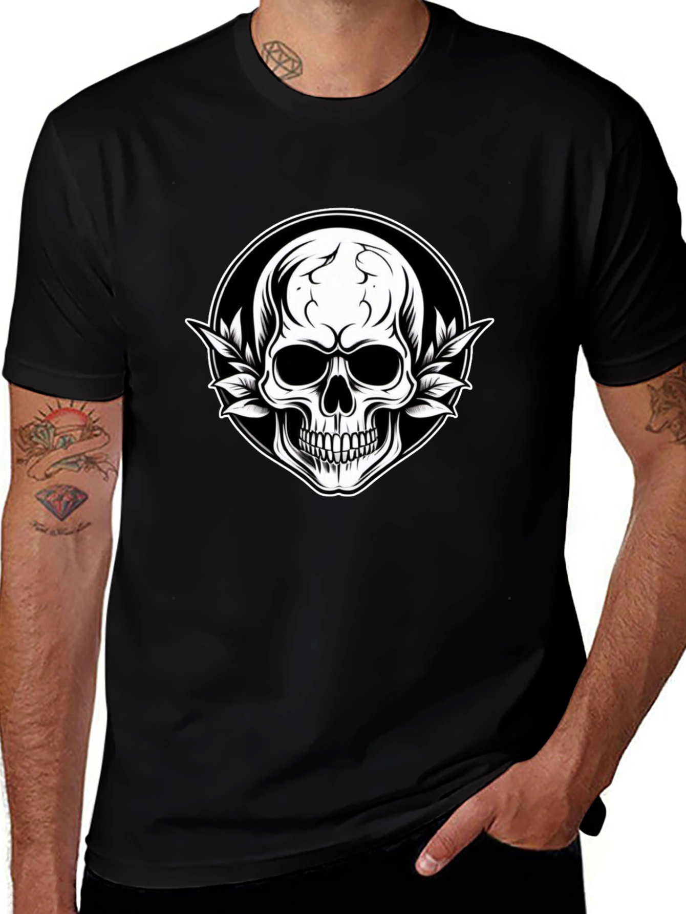 Skull & Leaf Graphic Tee - Black Cotton T-Shirt
