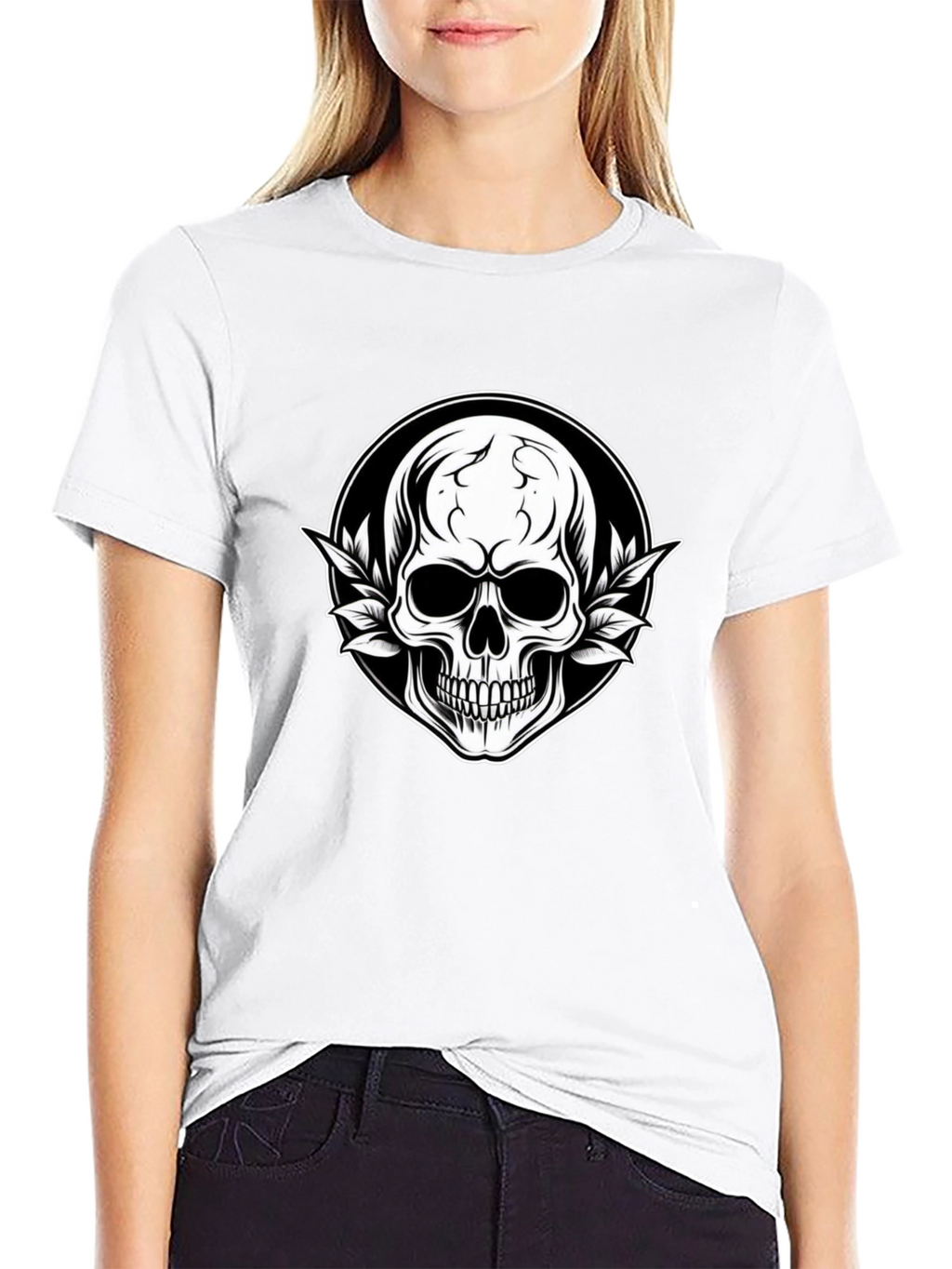 Skull & Leaf Graphic Tee - Black Cotton T-Shirt