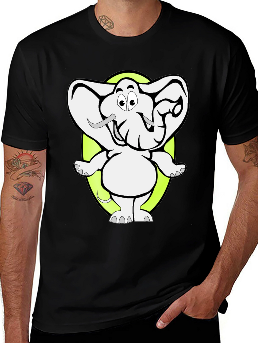 Cartoon Elephant Graphic Tee - Black Cotton T-Shirt