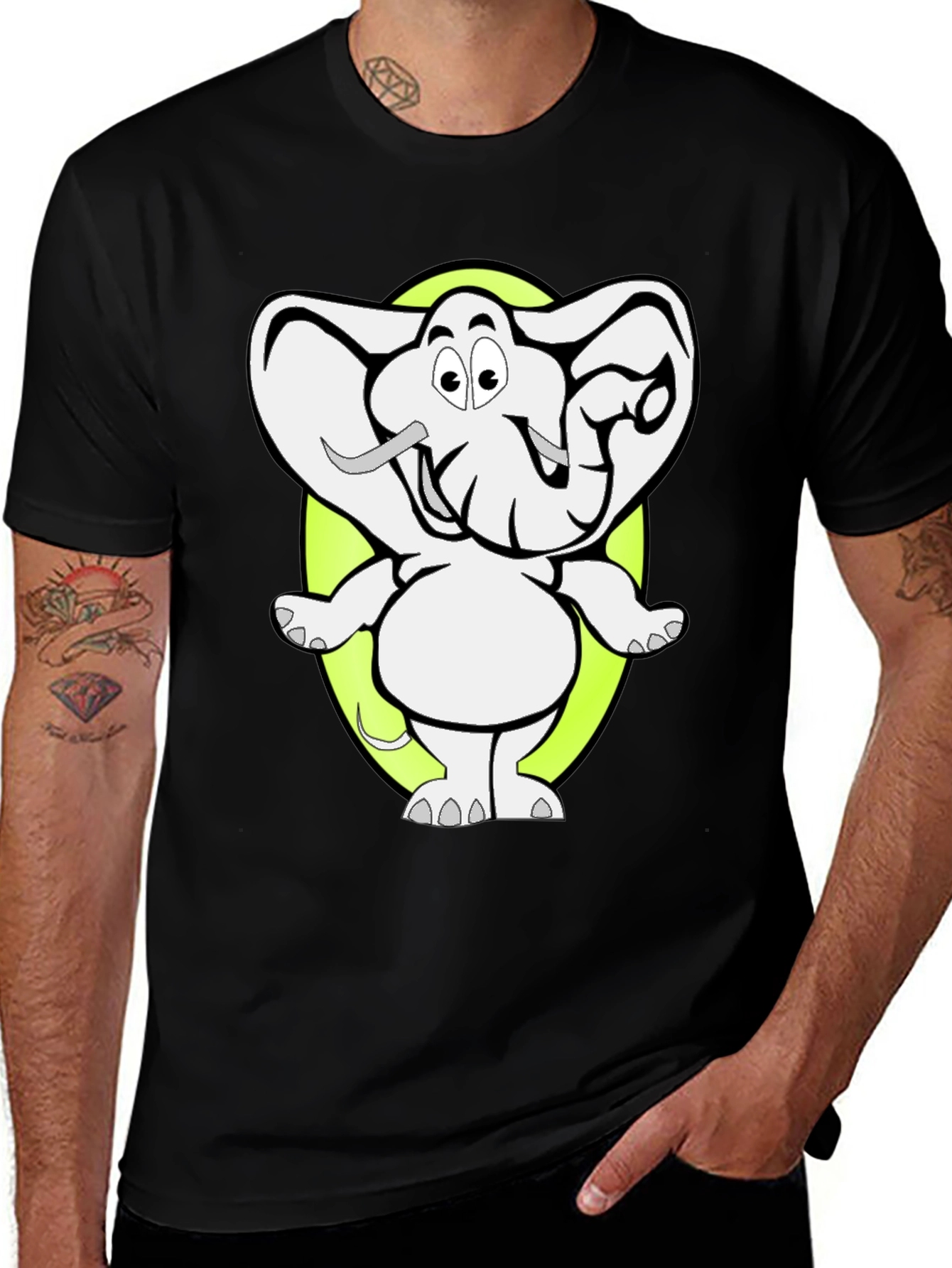 Cartoon Elephant Graphic Tee - Black Cotton T-Shirt