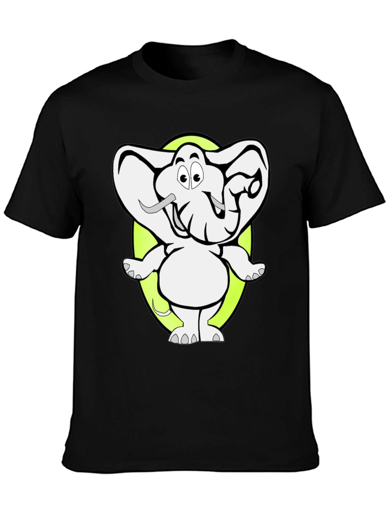 Cartoon Elephant Graphic Tee - Black Cotton T-Shirt