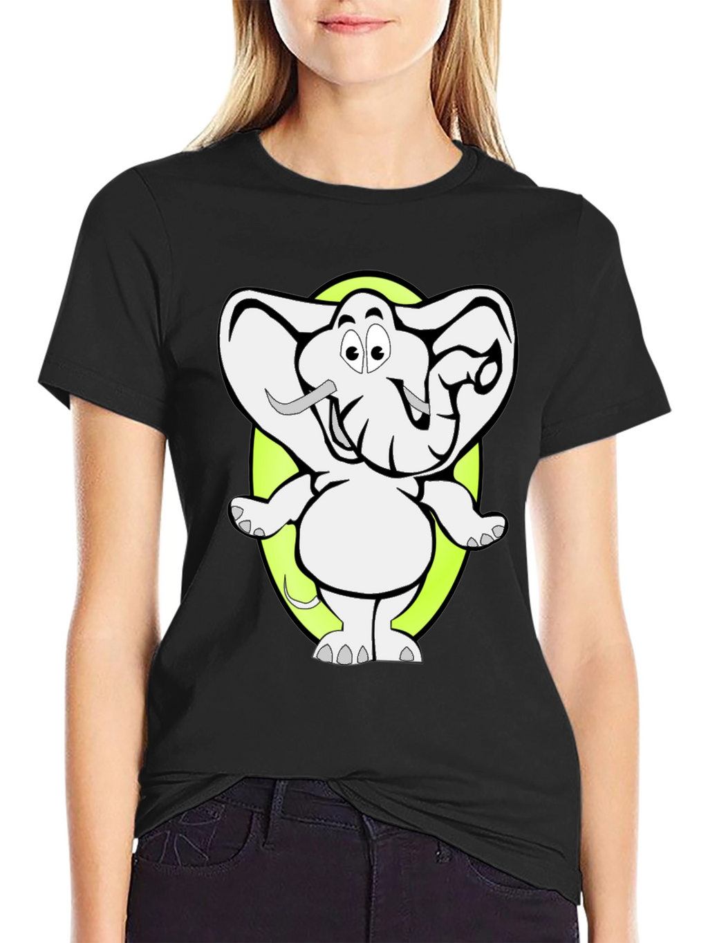 Cartoon Elephant Graphic Tee - Black Cotton T-Shirt