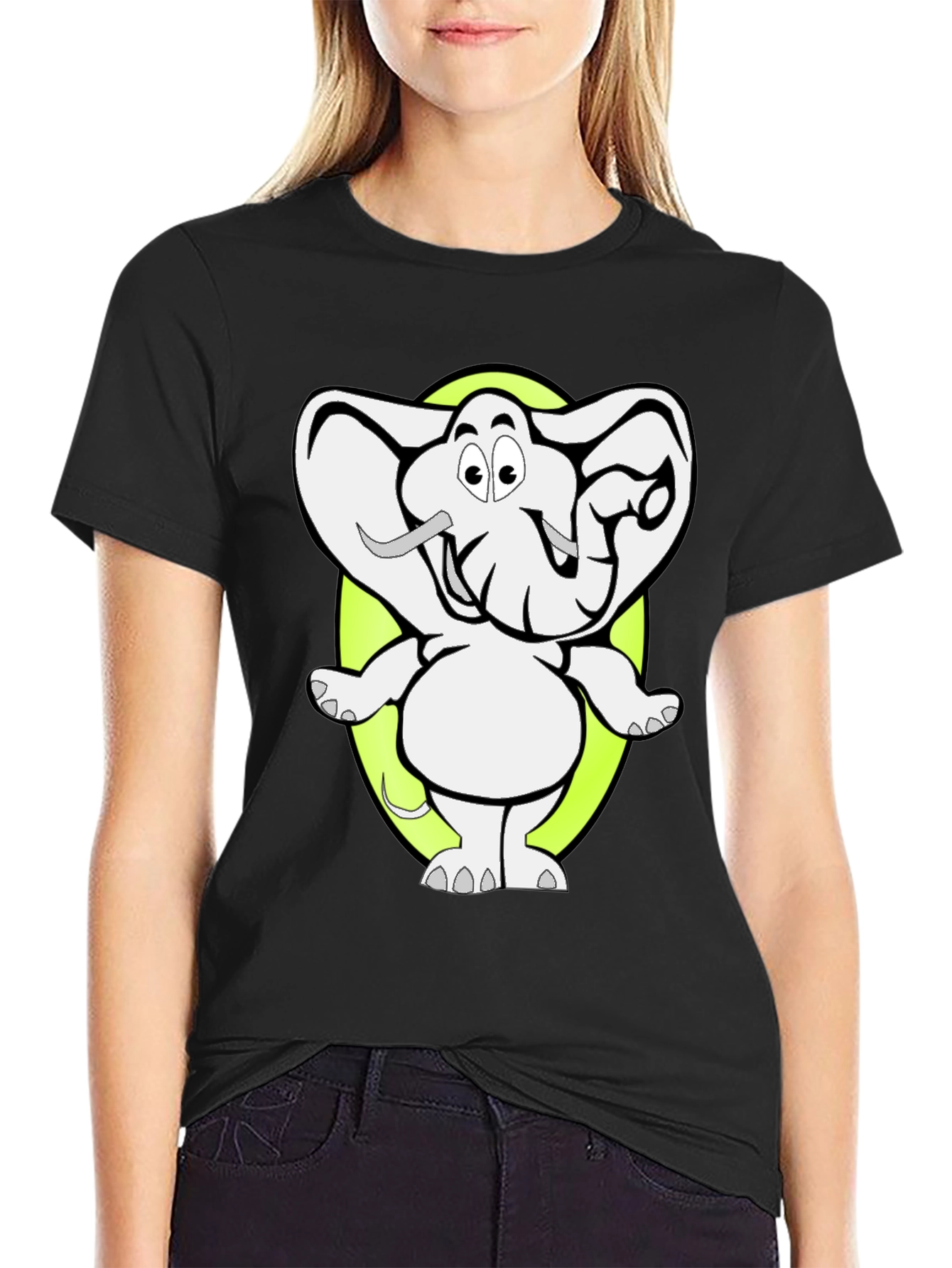 Cartoon Elephant Graphic Tee - Black Cotton T-Shirt