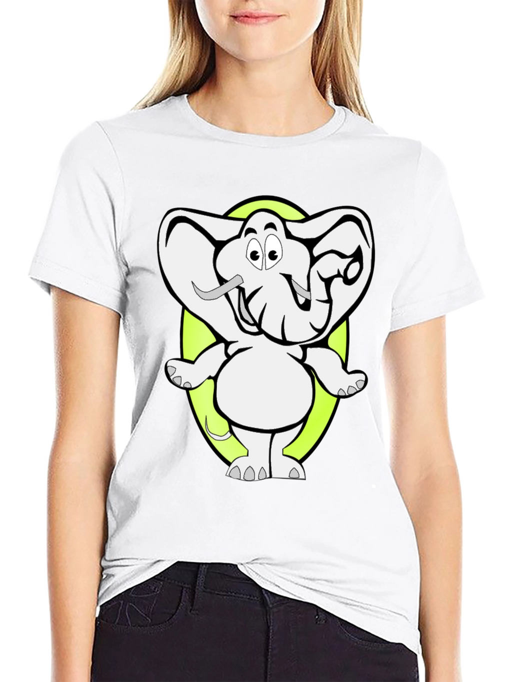 Cartoon Elephant Graphic Tee - Black Cotton T-Shirt