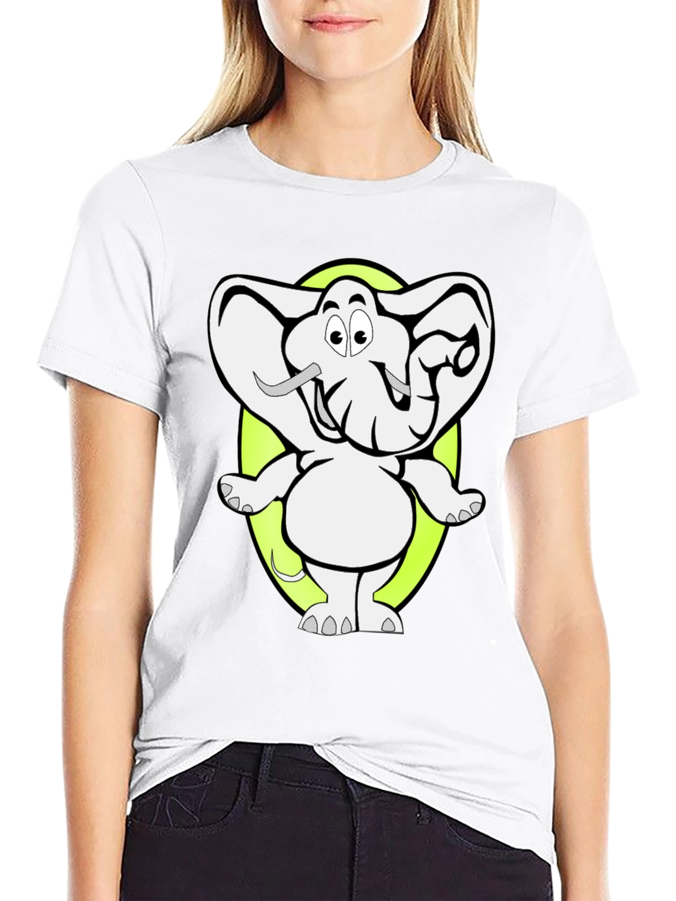 Cartoon Elephant Graphic Tee - Black Cotton T-Shirt