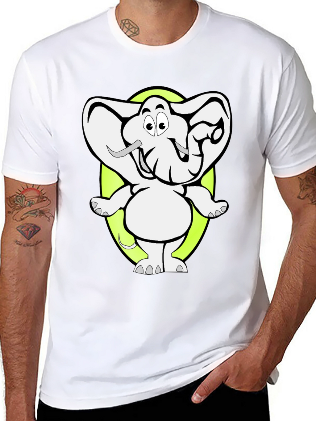 Cartoon Elephant Graphic Tee - Black Cotton T-Shirt