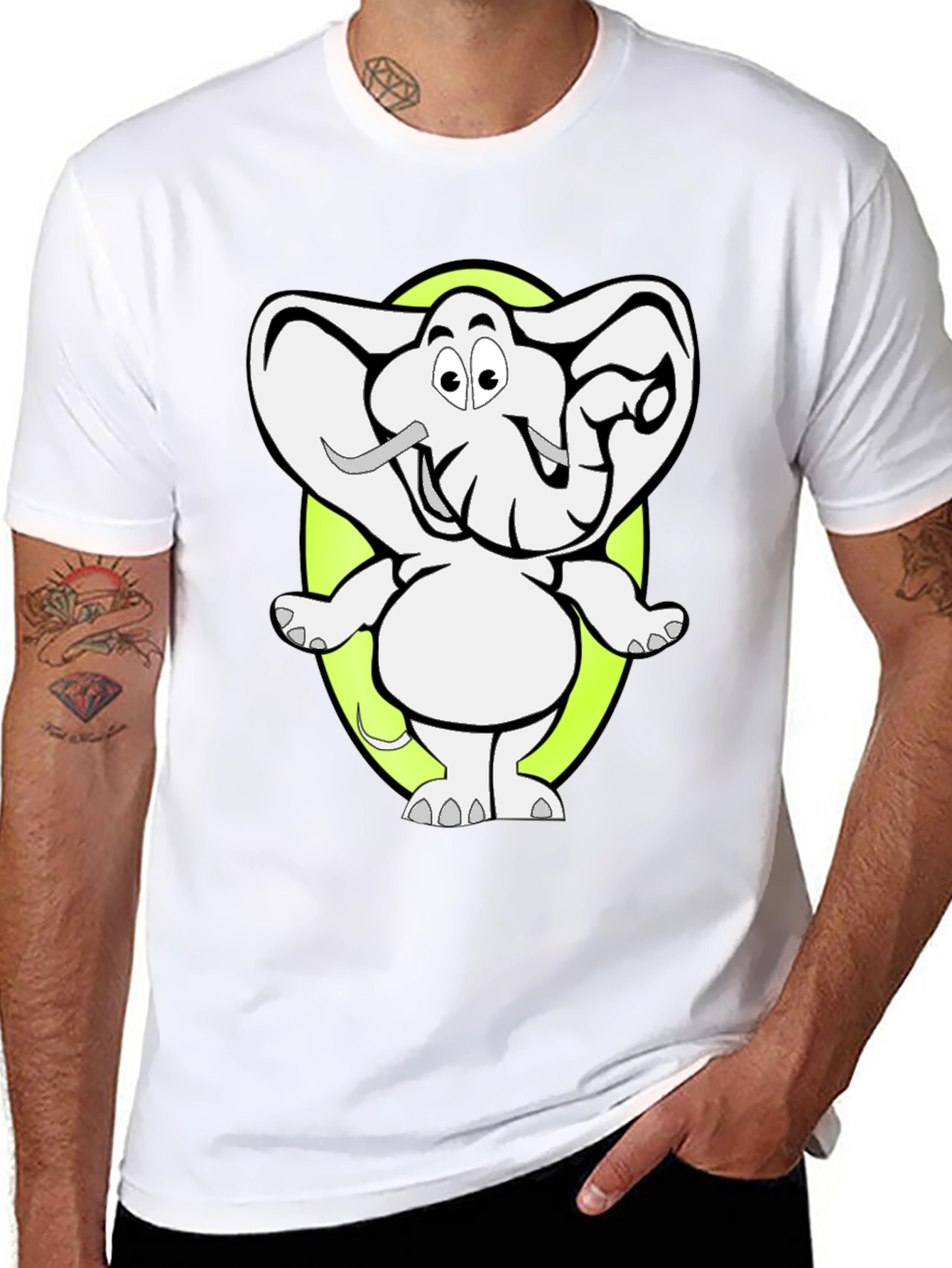 Cartoon Elephant Graphic Tee - Black Cotton T-Shirt