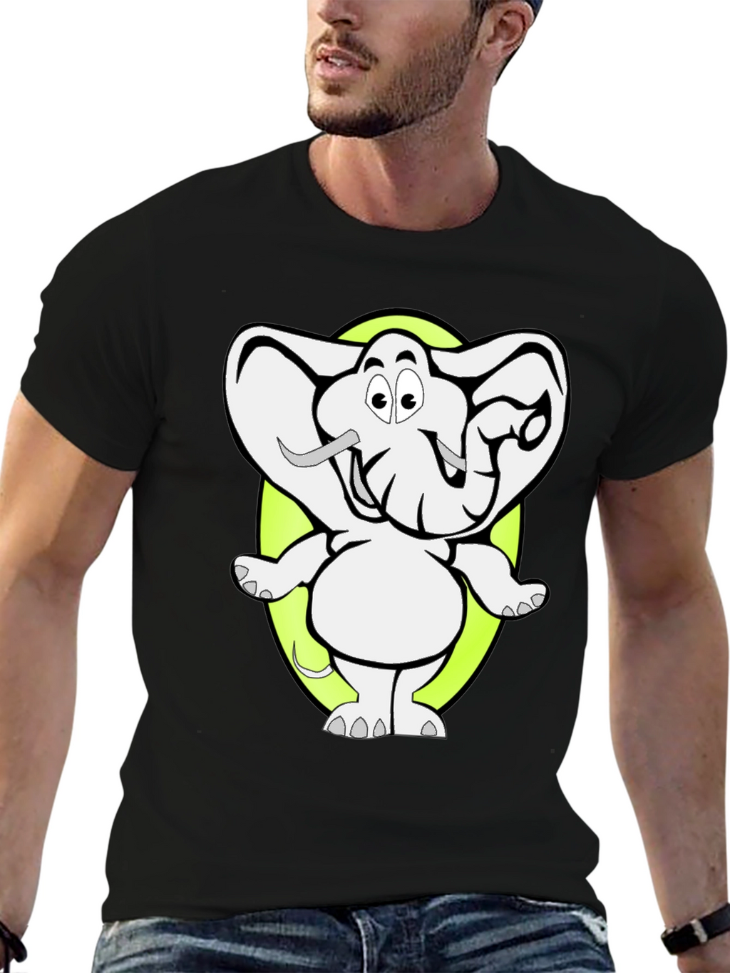 Cartoon Elephant Graphic Tee - Black Cotton T-Shirt