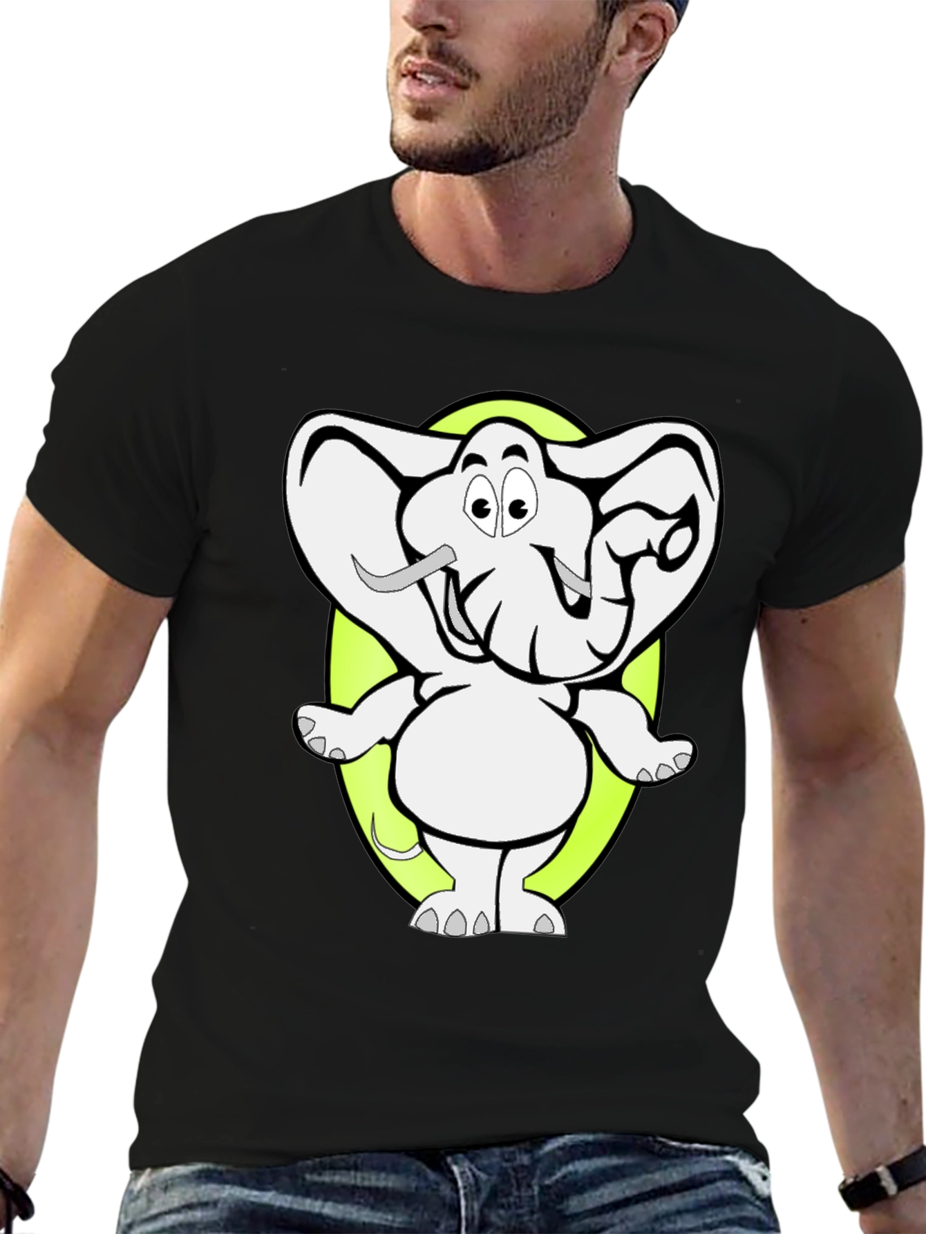 Cartoon Elephant Graphic Tee - Black Cotton T-Shirt