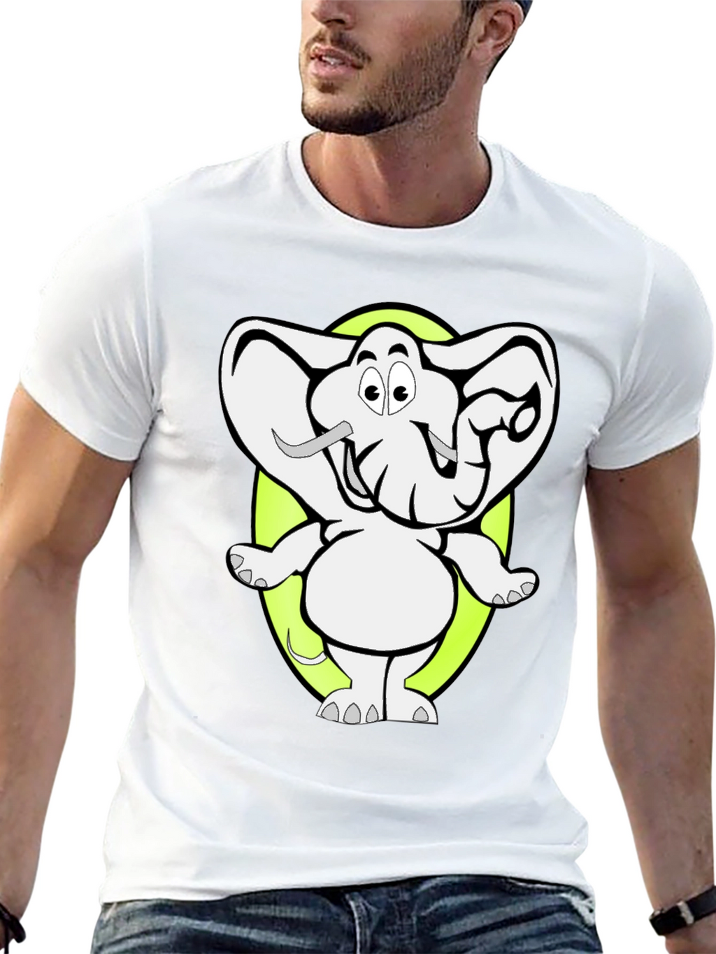 Cartoon Elephant Graphic Tee - Black Cotton T-Shirt