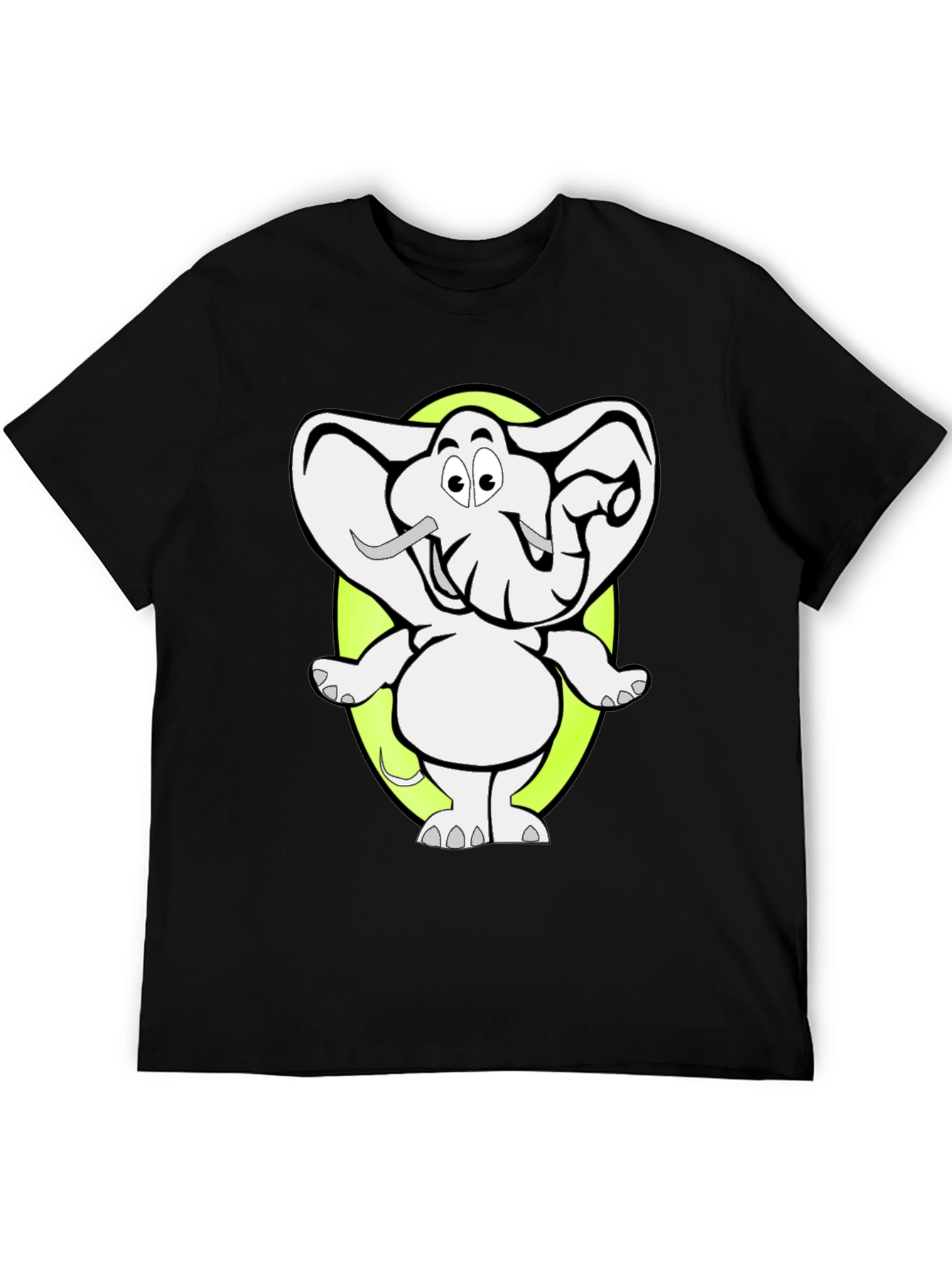 Cartoon Elephant Graphic Tee - Black Cotton T-Shirt