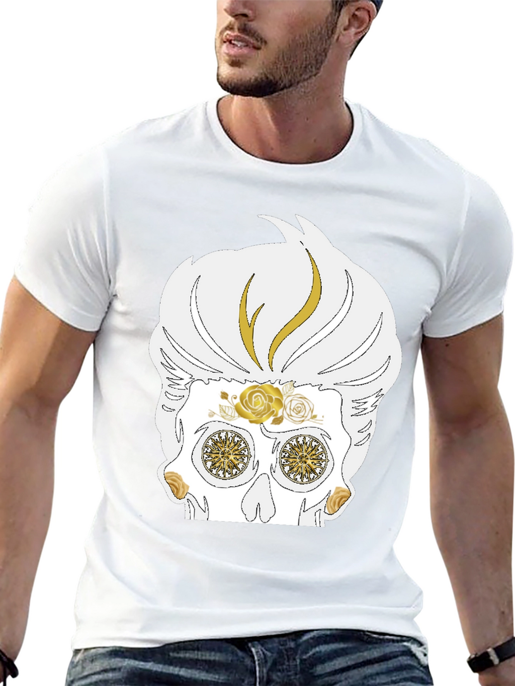 Skull T-Shirt: Sugar Skull with Golden Accents