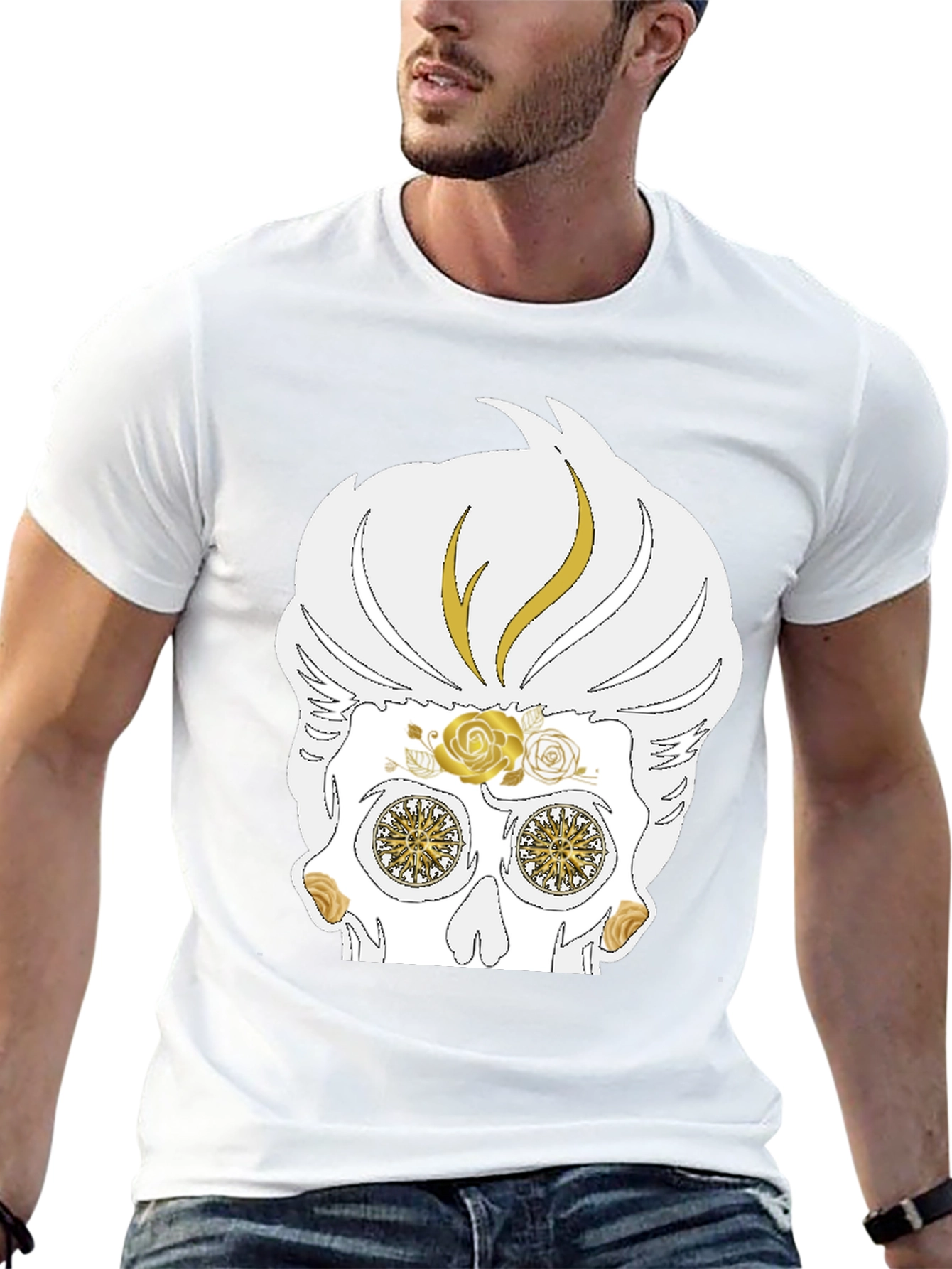 Skull T-Shirt: Sugar Skull with Golden Accents