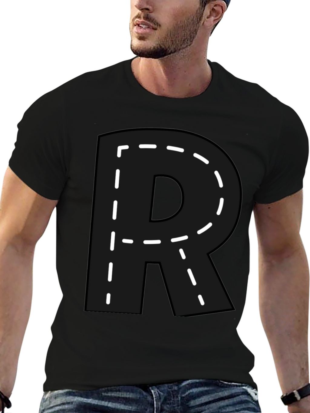 Letter R Dashed Outline T-Shirt - Black