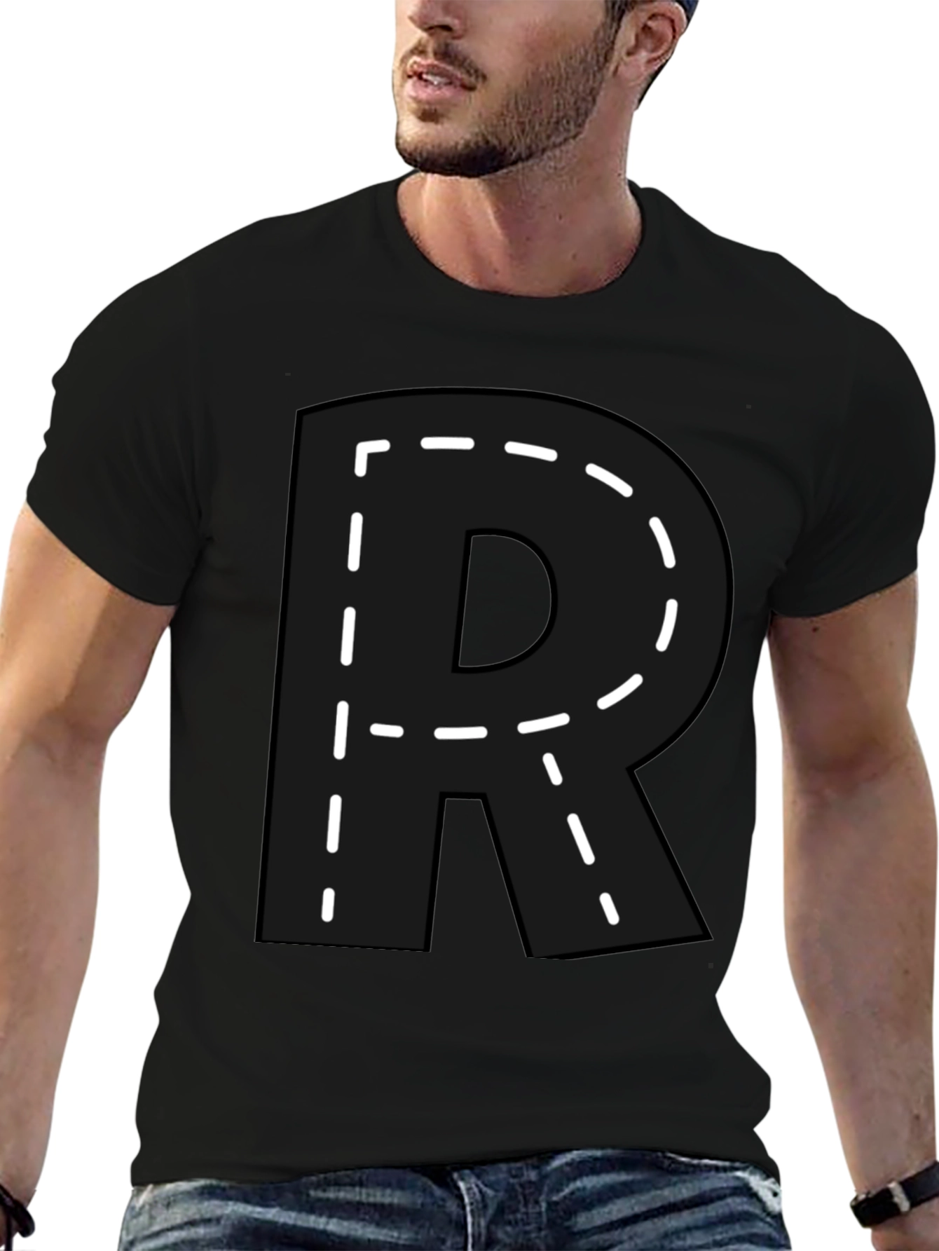 Letter R Dashed Outline T-Shirt - Black