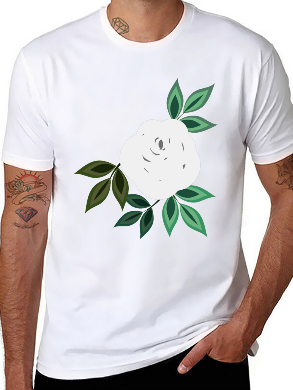 Black T-Shirt with White Rose Graphic