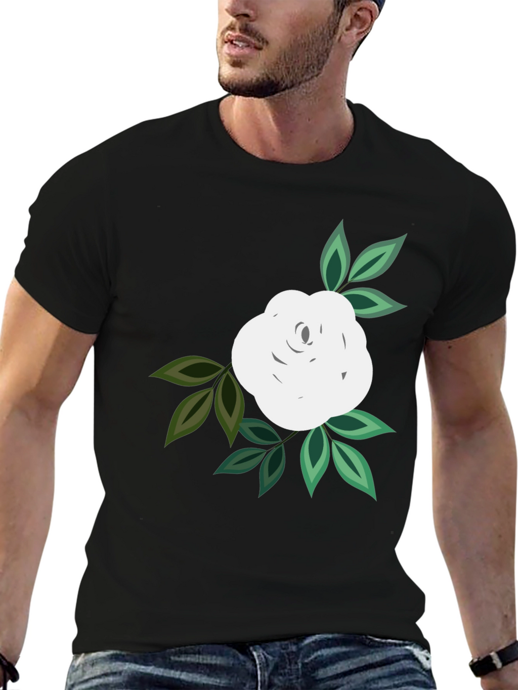 Black T-Shirt with White Rose Graphic