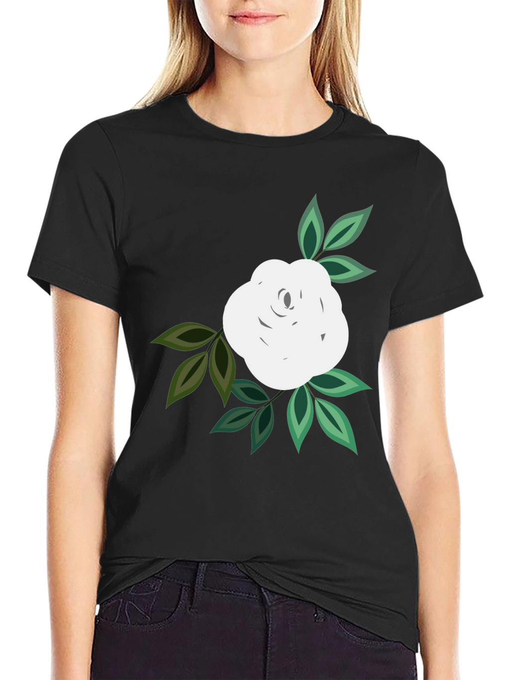 Black T-Shirt with White Rose Graphic
