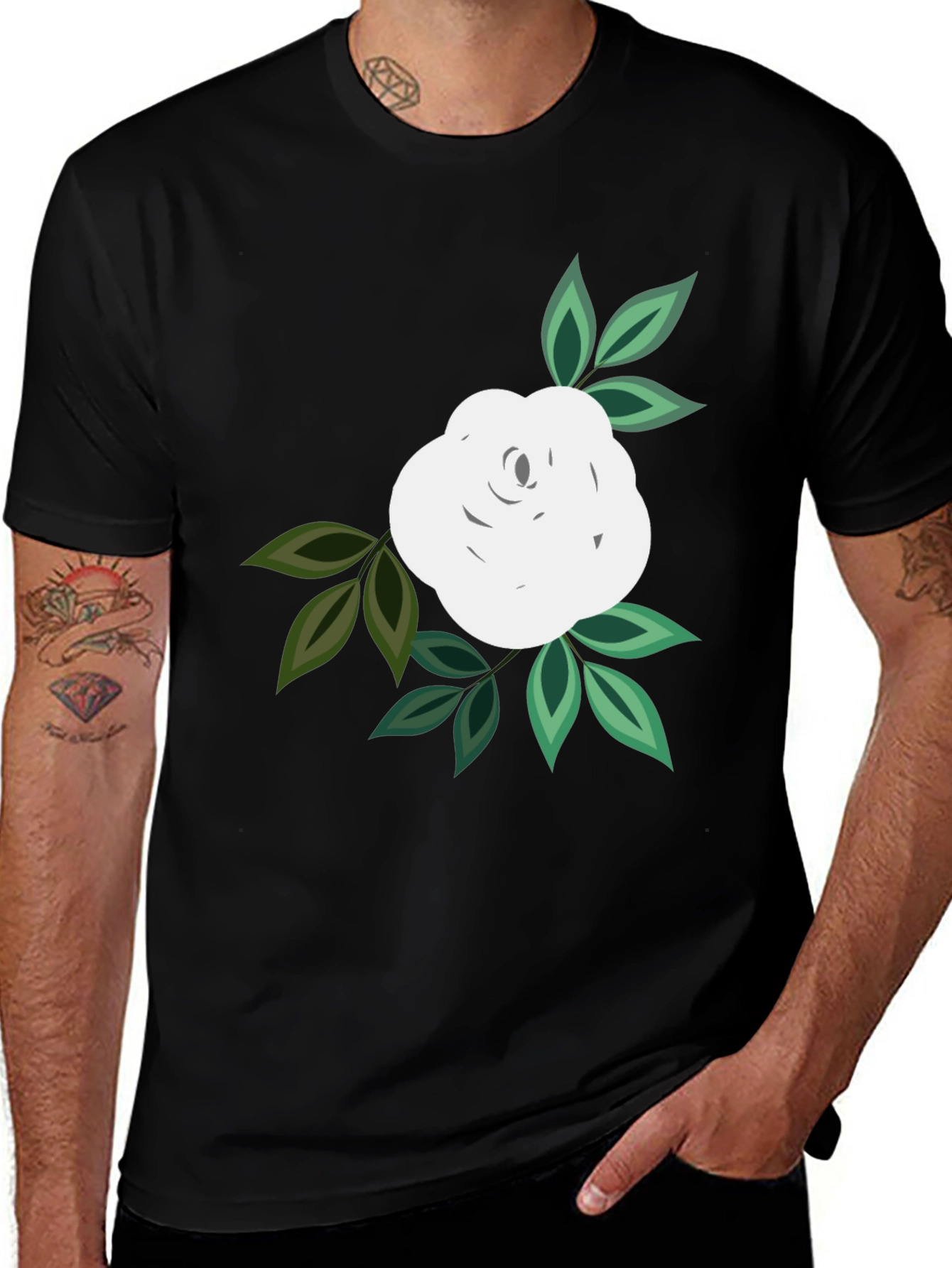 Black T-Shirt with White Rose Graphic