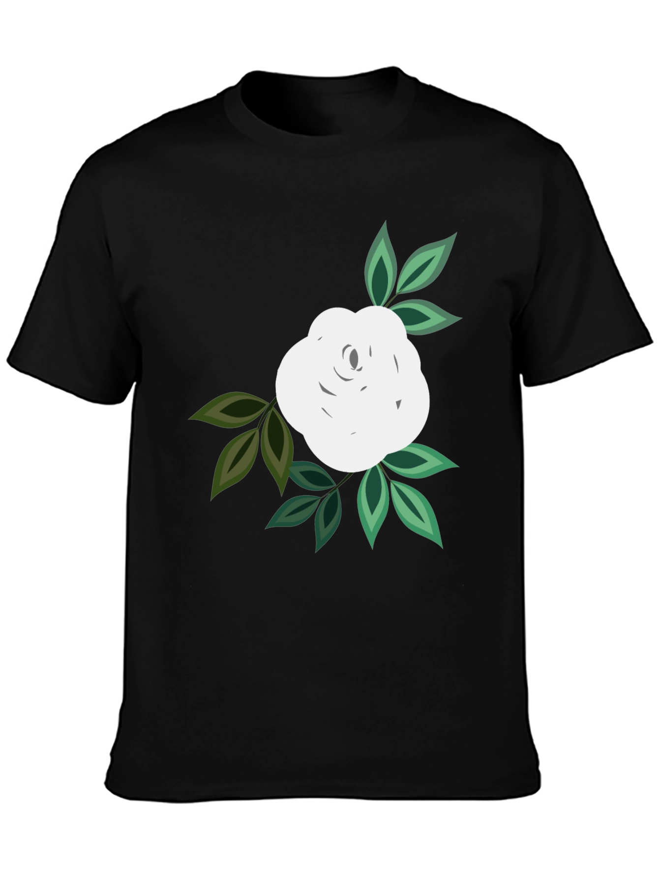 Black T-Shirt with White Rose Graphic