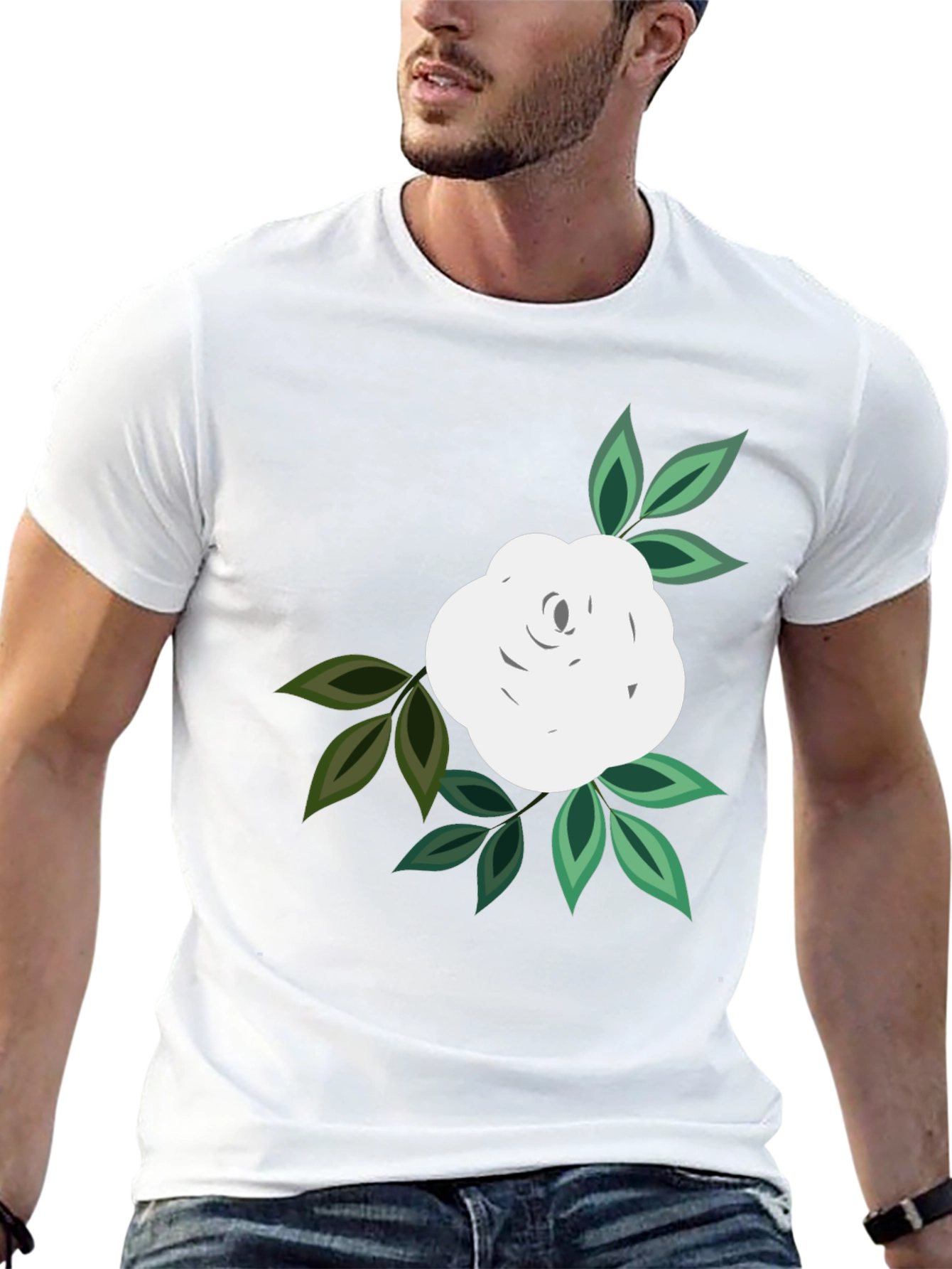 Black T-Shirt with White Rose Graphic
