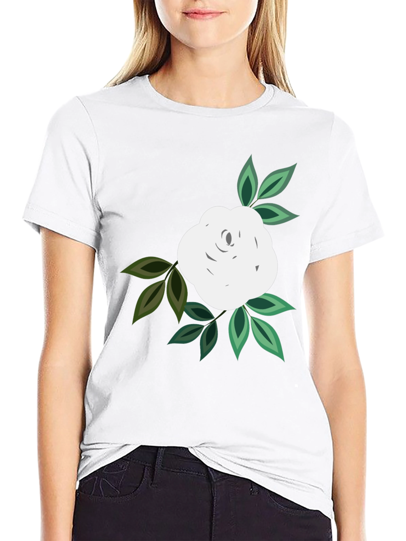 Black T-Shirt with White Rose Graphic